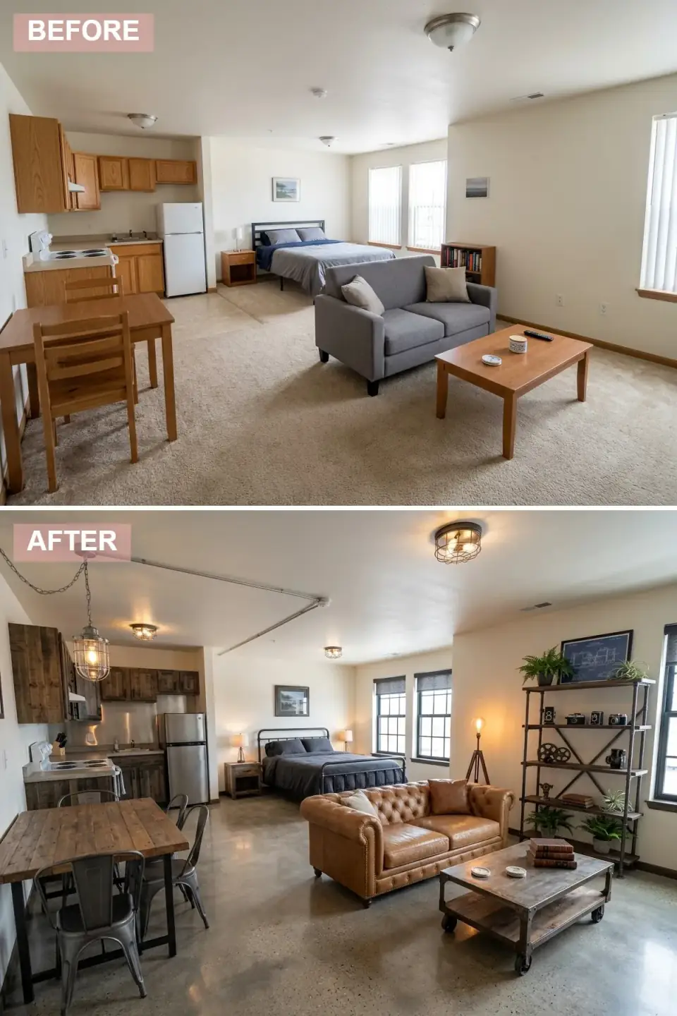 Industrial loft studio with polished concrete floors, warm off-white walls, rustic dark reclaimed wood kitchen cabinets, stainless steel backsplash, classic brown leather Chesterfield sofa, industrial cart coffee table, large dark metal shelving unit, and exposed conduit ceiling lighting