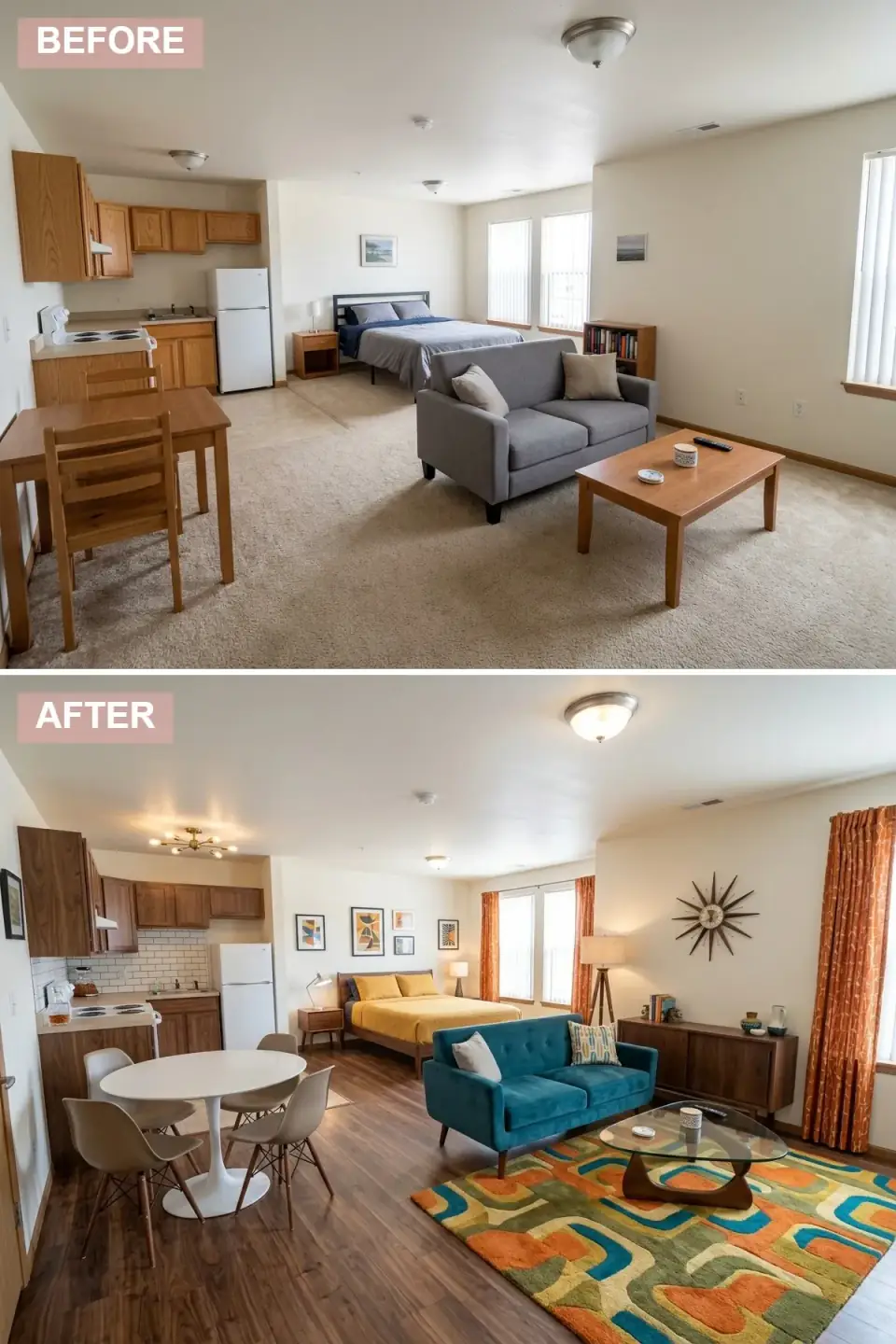 Mid-century modern studio apartment with rich walnut kitchen cabinets, white subway tile backsplash, sputnik chandelier, bold teal velvet sofa on a geometric patterned rug, Noguchi-style glass coffee table, starburst clock, and white tulip dining set
