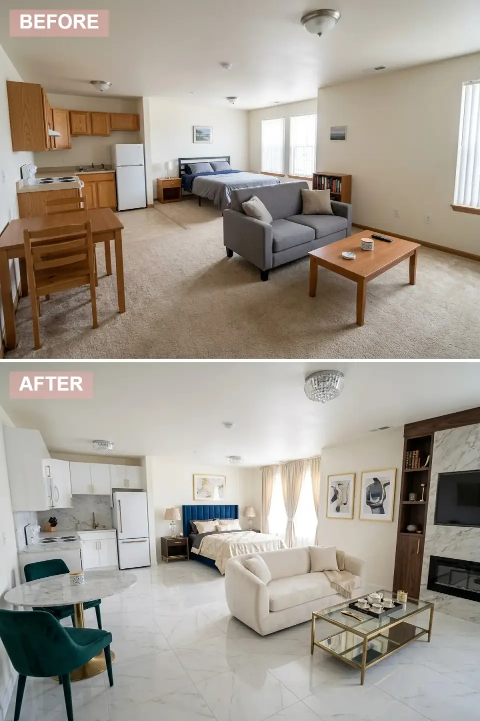 Luxurious glam studio apartment with large-format white marble floor tile, matching marble kitchen backsplash, white shaker cabinets with gold hardware, crystal chandeliers, curved white velvet sofa, gold and glass coffee table, built-in media wall with fireplace, and a navy channel-tufted bed