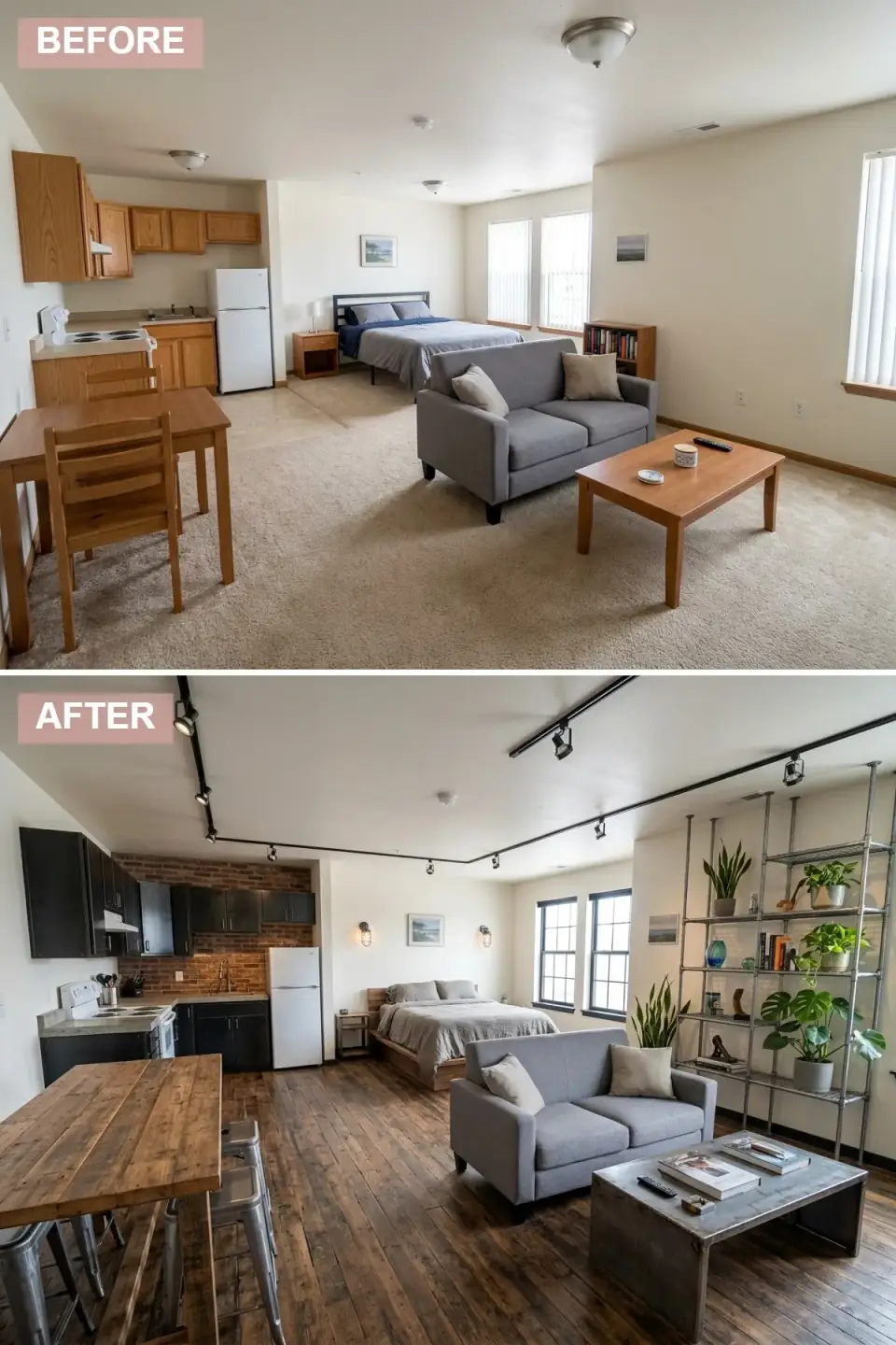 Urban industrial studio with exposed reddish-brown brick feature wall as kitchen backsplash, matte black handleless kitchen cabinets, dark rustic hardwood flooring, simple gray sofa, concrete-look coffee table, large pipe shelving unit filled with plants, and track lighting