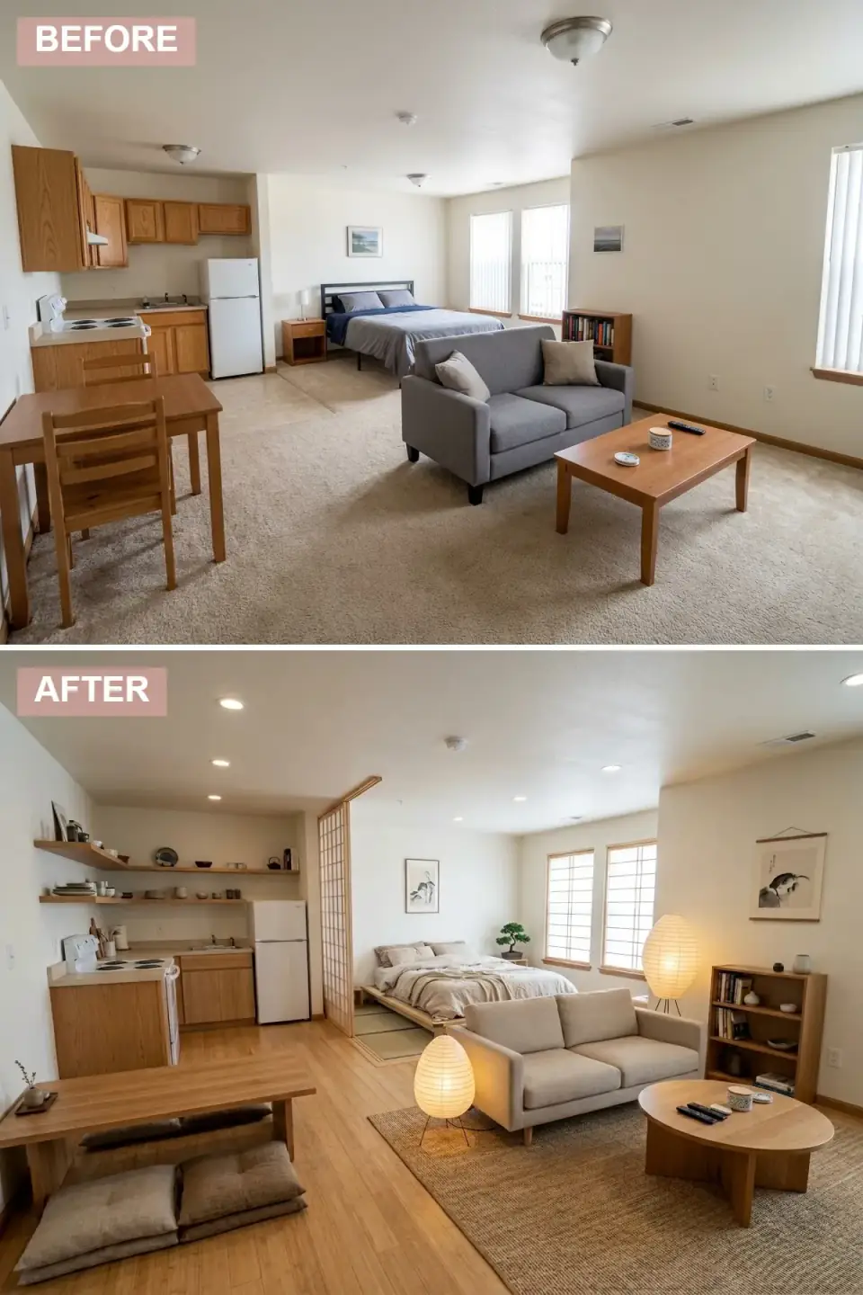Japandi studio apartment with light bamboo flooring throughout, pale wood minimalist kitchen cabinets, raised tatami platform sleeping area, shoji screen room divider, low-profile linen sofa, wooden dining table with floor cushions, and a paper lantern floor lamp