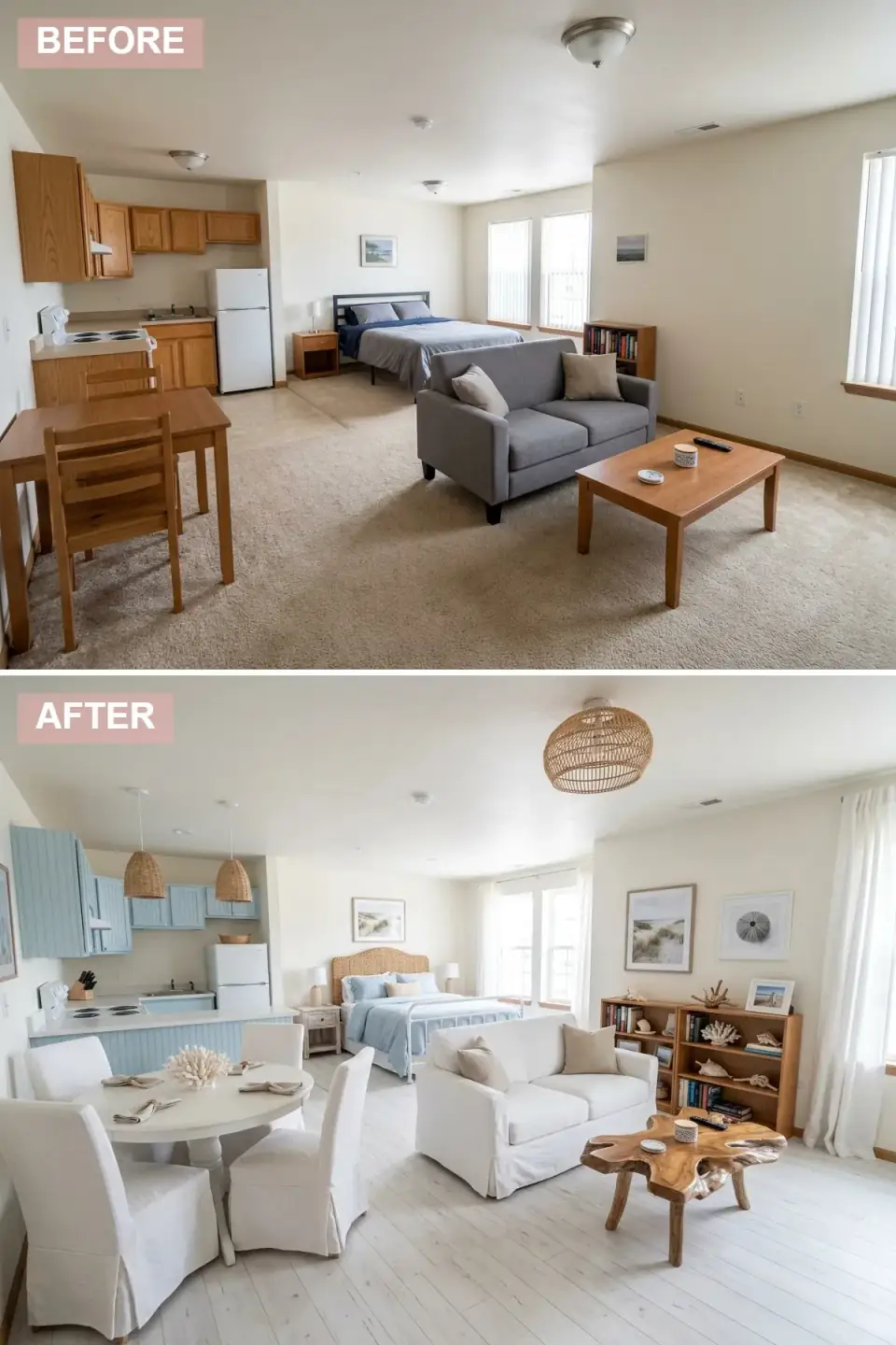 Coastal beach studio apartment with soft sky blue beadboard kitchen cabinets, painted white plank flooring, woven rattan pendant lights over a dining area, white slipcovered sofa, natural wood coffee table, coastal artwork, and white sheer curtains