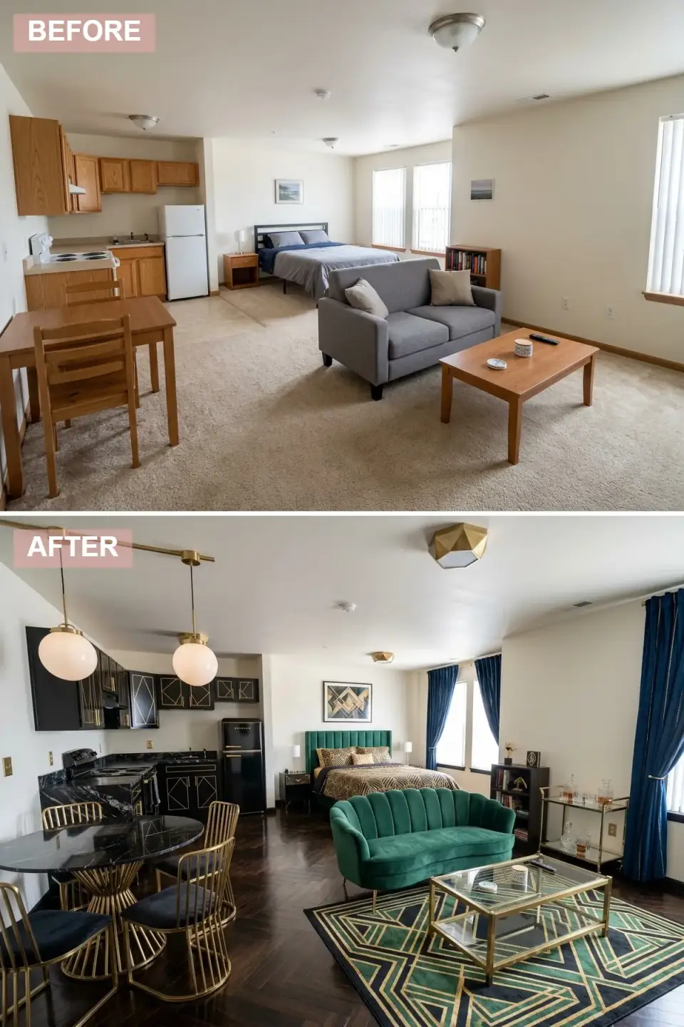 Bold Art Deco studio apartment with matte black kitchen cabinets with gold geometric trim, dark herringbone wood flooring, emerald green scalloped velvet sofa on a black and gold geometric rug, gold metal coffee table, globe pendant lights, and a polished gold bar cart