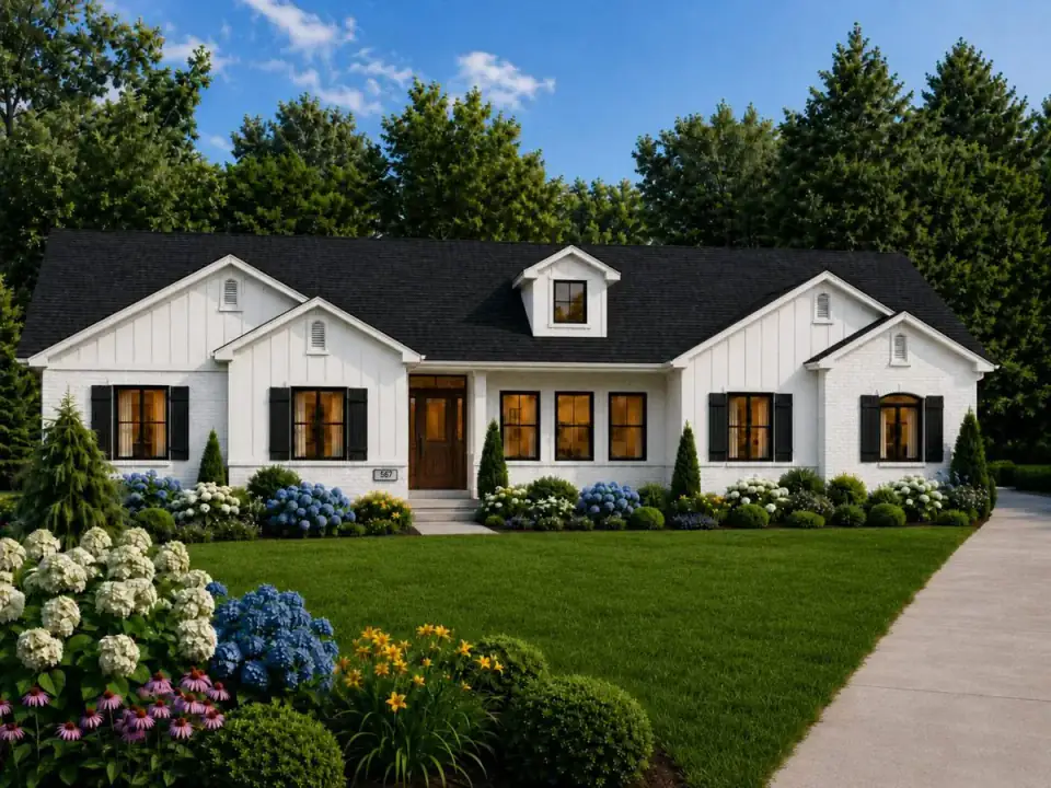 Base elevation rendering of Plan 849096PGE — a transitional Craftsman farmhouse with cedar shake gables, stucco main body, a prominent central dormer, gabled peaks over the master wing and garage, and timber posts on the front entry porch