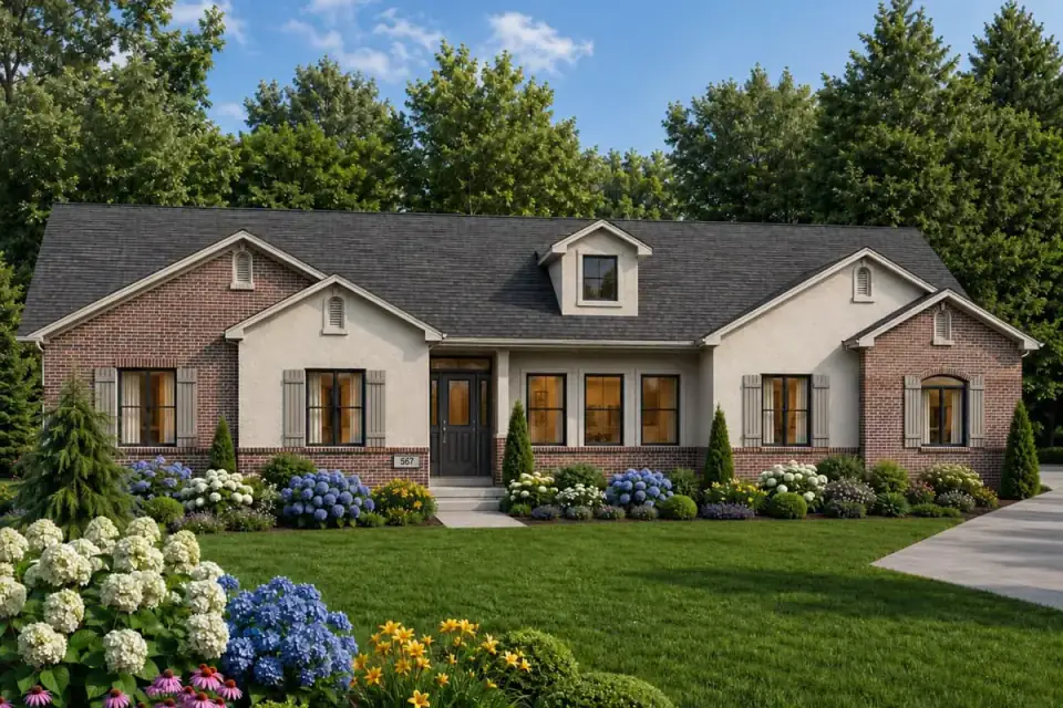 Secondary exterior rendering of Plan 849096PGE showing the side-entry two-car garage, varied rooflines, and mixed cedar-shake-and-stucco cladding that breaks up the single-story massing