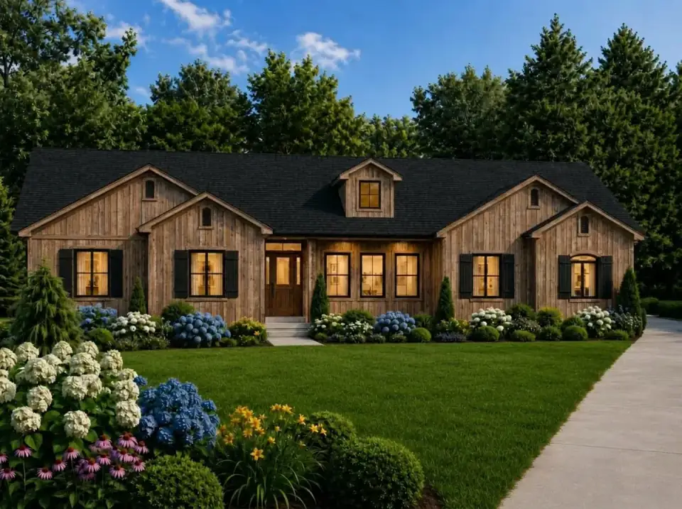 Rustic Natural Wood facade variant of Plan 849096PGE — full vertical wood siding, dark bronze window frames and shutters, side-entry garage, and a lush cottage garden of white and blue hydrangeas with purple coneflowers