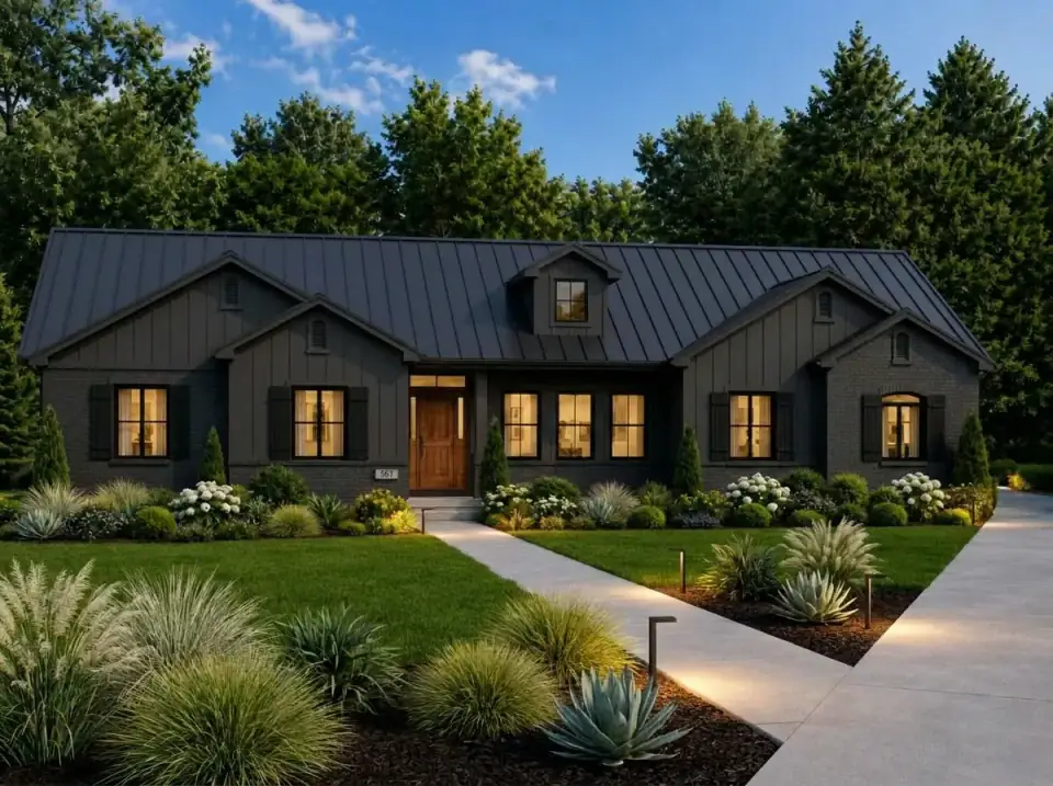 Modern Dark Farmhouse facade variant of Plan 849096PGE — charcoal board-and-batten siding, matching brick gables, a dark standing-seam metal roof, and minimalist architectural plantings under modern path lights
