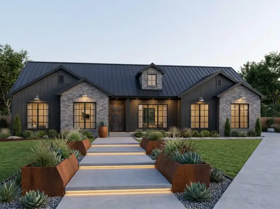Industrial Modern facade variant of Plan 849096PGE — dark grey corrugated metal siding, dark brick gables, a black metal roof, large grid-style windows, and rusted steel planter boxes with spiky agave along a concrete path