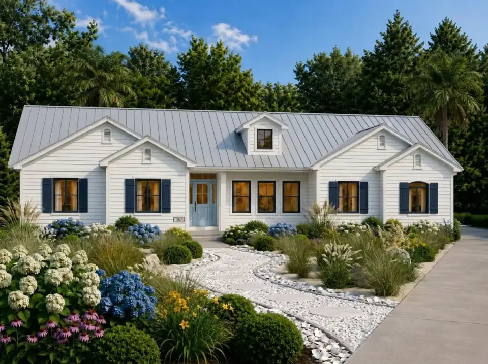 Coastal Cottage facade variant of Plan 849096PGE — crisp white horizontal siding, a light grey metal roof, light blue shutters and door, and a coastal landscape of dune grasses and hydrangeas along a crushed-shell path