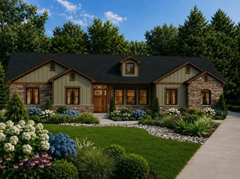 Mountain Craftsman facade variant of Plan 849096PGE — olive green board-and-batten siding, extensive stacked stone veneer on gables and foundation, dark walnut timber brackets, and a rugged landscape of boulders, river rock, and native ferns