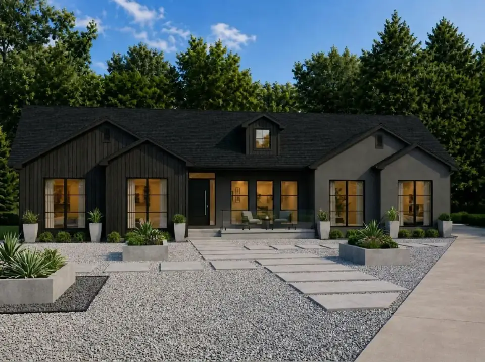 Ultra-Modern Minimalist facade variant of Plan 849096PGE — vertical black siding on one section against dark grey stucco, simplified rooflines, large unadorned windows, and a minimalist grid of concrete pavers in grey gravel