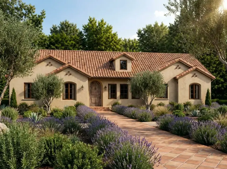 Mediterranean Villa facade variant of Plan 849096PGE — warm beige stucco walls, a terracotta barrel-tile roof, arched windows, a carved wooden entry door, and a drought-tolerant landscape of lavender, rosemary, and olive trees
