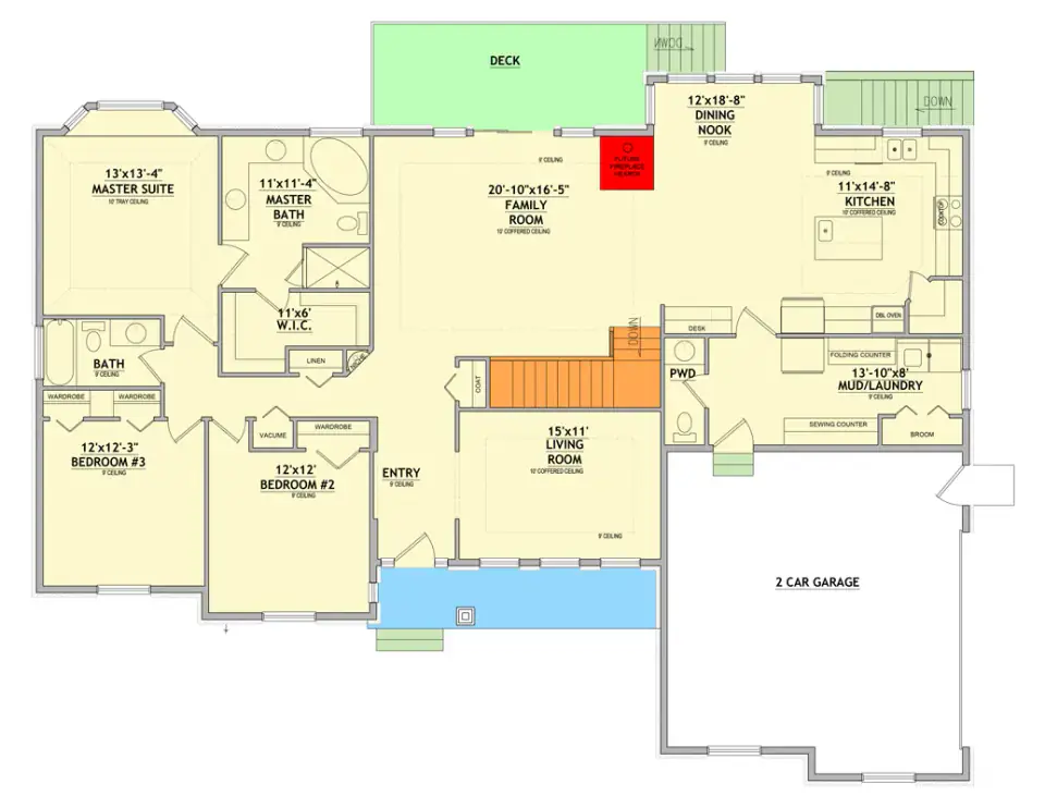 Main level floor plan for Plan 849096PGE — a 69 by 52-foot single-story farmhouse with a 15 by 11-foot front living room, rear family room, open kitchen and dining nook, split-bedroom master wing, and combined mudroom-laundry off the two-car garage