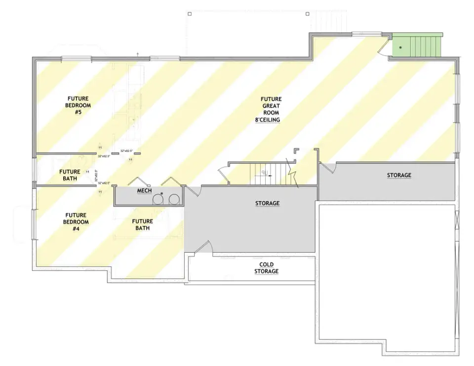 Optional walkout basement floor plan for Plan 849096PGE showing two additional bedrooms, a full bathroom, and a large recreation room with mechanical systems located centrally for future finishing