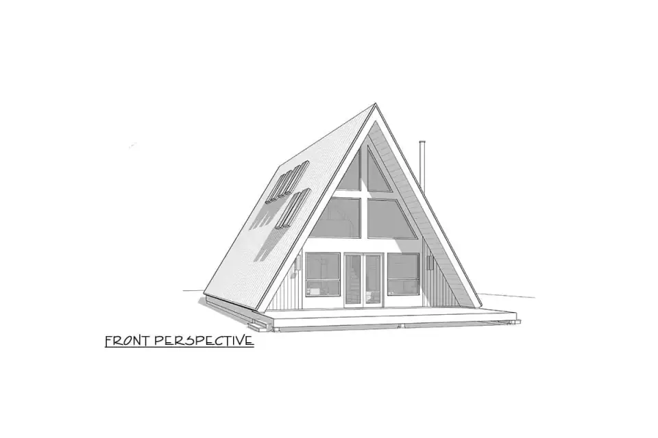 Rear elevation of the A-frame cabin with a wide raised wood deck spanning the full width of the house and stairs descending into a wooded clearing