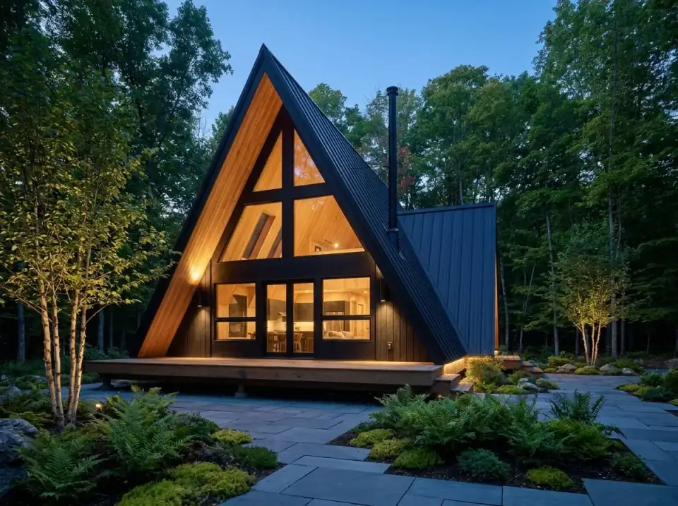 A-frame cabin clad in dark matte siding with warm wood soffits and glowing interior light seen through the gable glazing at dusk on a wooded site