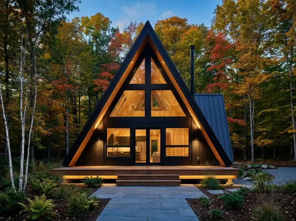 Symmetrical A-frame front elevation with black window framing, warm timber visible inside, and a full-width deck bordered by birch trees and native grasses