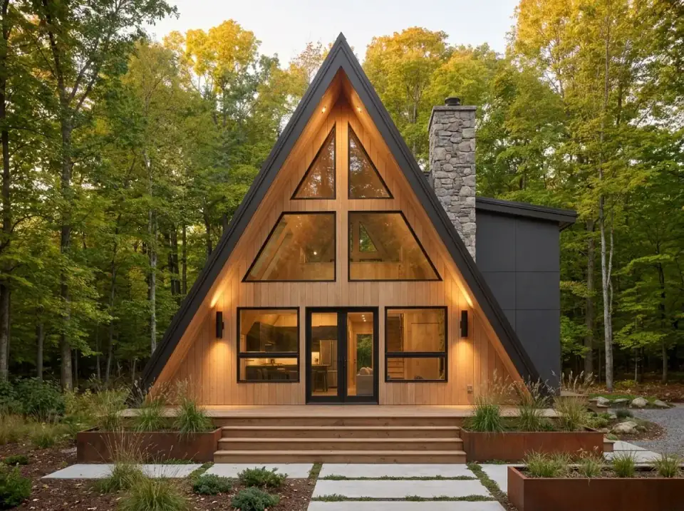 Natural cedar-toned A-frame with dark trim, stone chimney, Corten steel planters, and concrete pavers with grass joints in a forest clearing