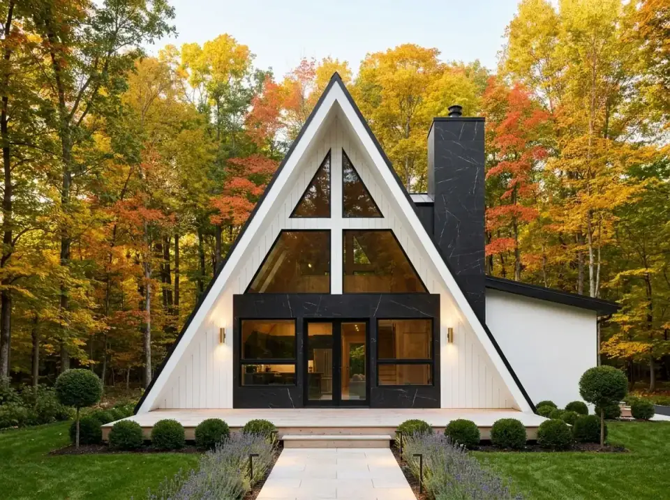 Formal white A-frame facade with a dark marble-patterned chimney, clipped boxwood spheres, lavender rows, and white stone paving in a symmetrical approach