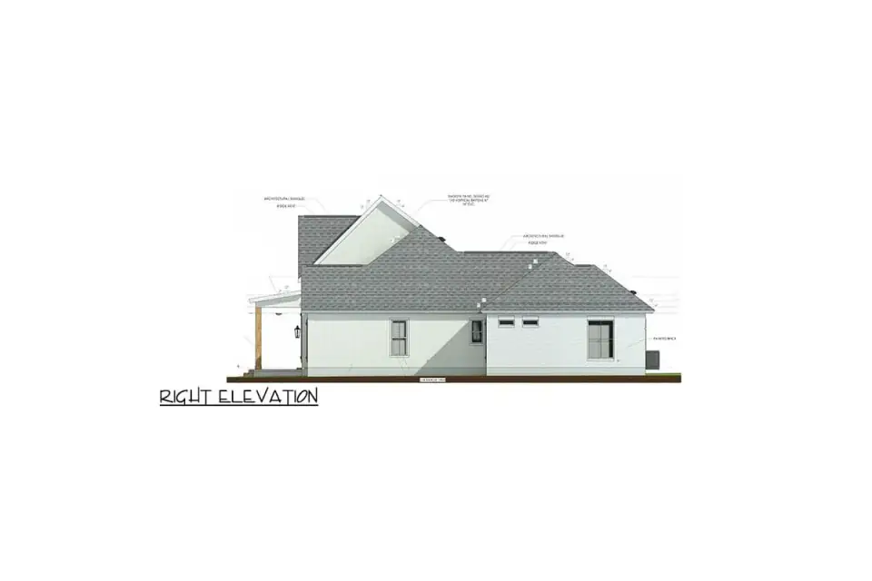 Right elevation drawing of plan 185028PHD showing the primary suite wing and the roof pitch