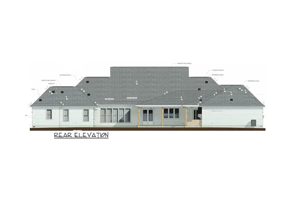 Rear elevation drawing of plan 185028PHD showing the covered rear porch and the long single-story roofline