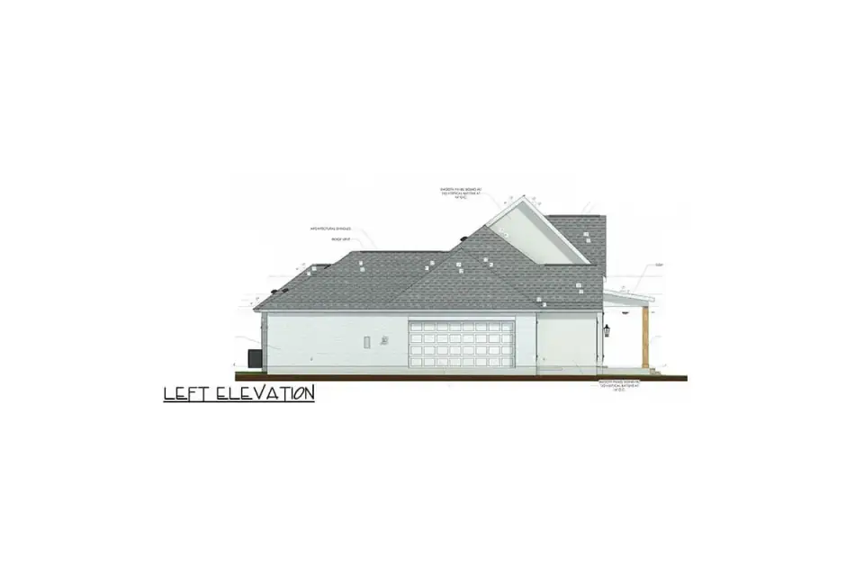 Left elevation drawing of plan 185028PHD showing the side-entry two-car garage door under a gable