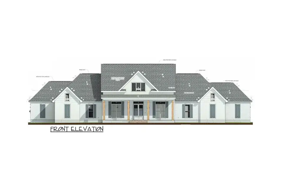 Front elevation drawing of plan 185028PHD showing three gables, a center dormer, a long covered front porch and a hip-and-gable roof