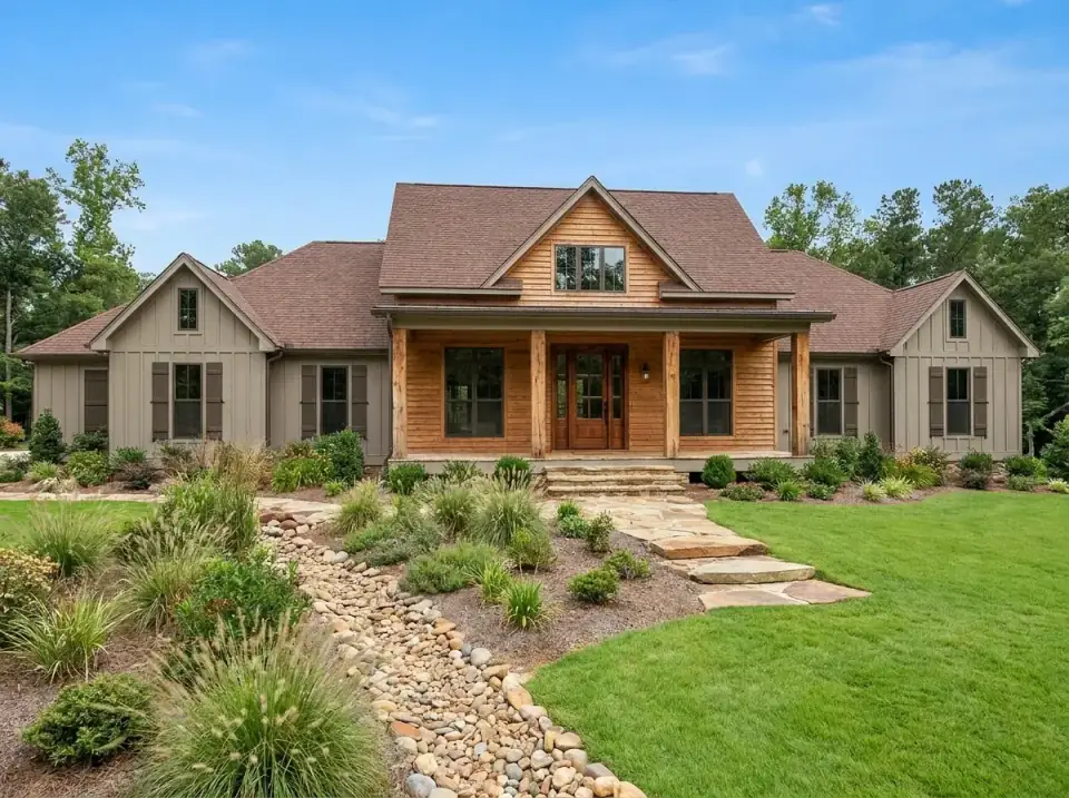 Plan 185028PHD with taupe board-and-batten siding, a cedar-clad center gable and porch, cedar columns, a brown shingle roof, wood shutters, flagstone steps and a dry creek bed