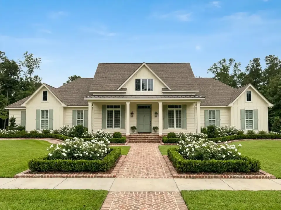 Plan 185028PHD in cream lap siding with sage green shutters and front door, a brown shingle roof, a brick front walk and boxwood parterres filled with white hydrangeas