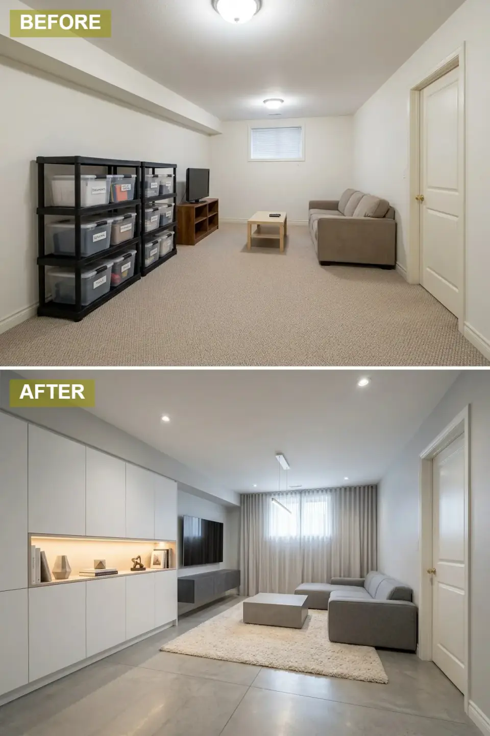 Modern minimalist basement renovation with polished concrete floors, floor-to-ceiling white built-in cabinetry with integrated LED strip lighting, large gray sectional, concrete coffee table, textured white rug, and floor-to-ceiling curtains heightening the room