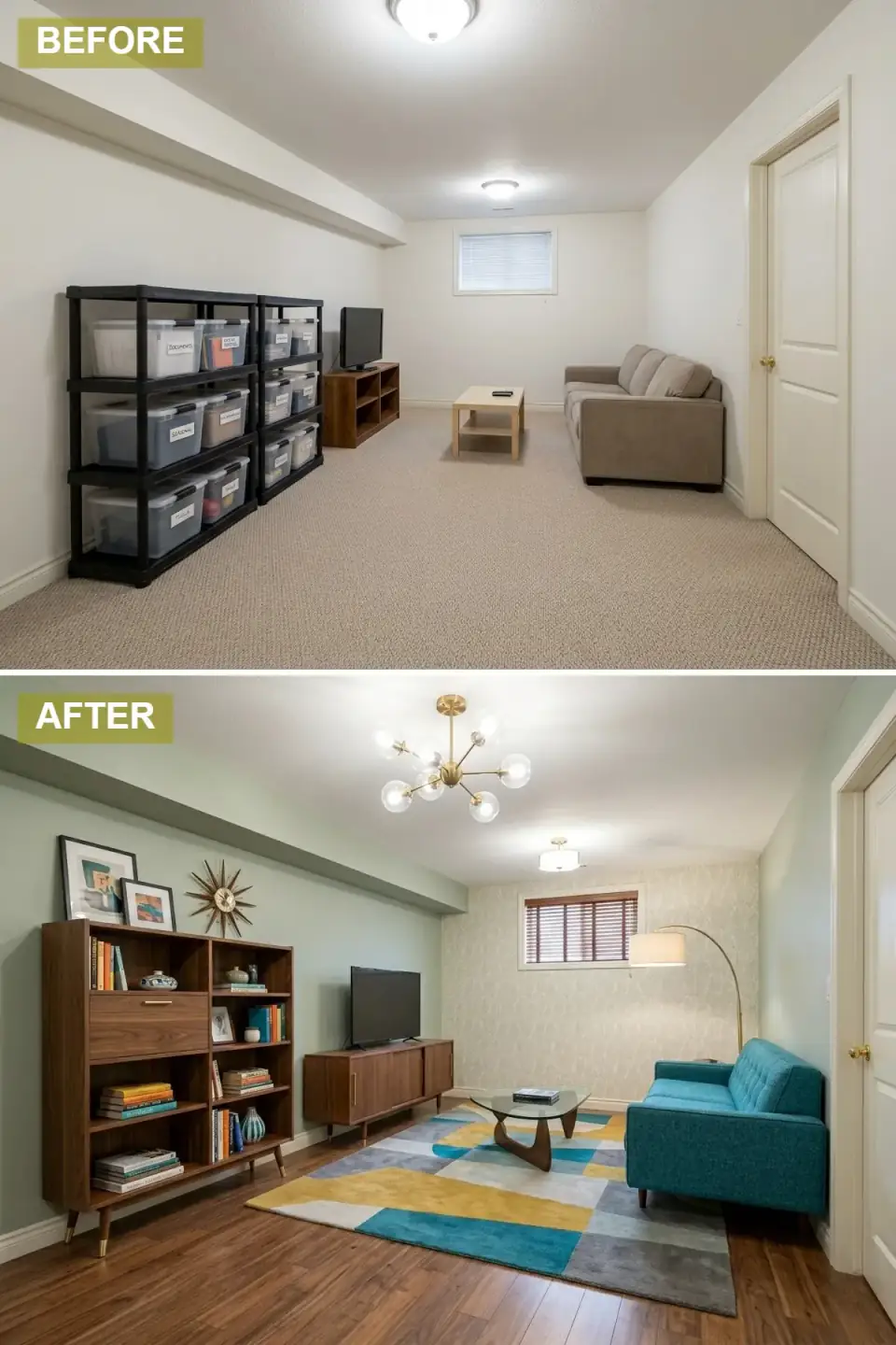 Mid-century modern basement lounge with sage green walls, geometric wallpaper accent, warm walnut wood flooring, teal velvet sofa, walnut sideboard and shelving, geometric patterned rug with yellow and blue accents, and a sputnik chandelier
