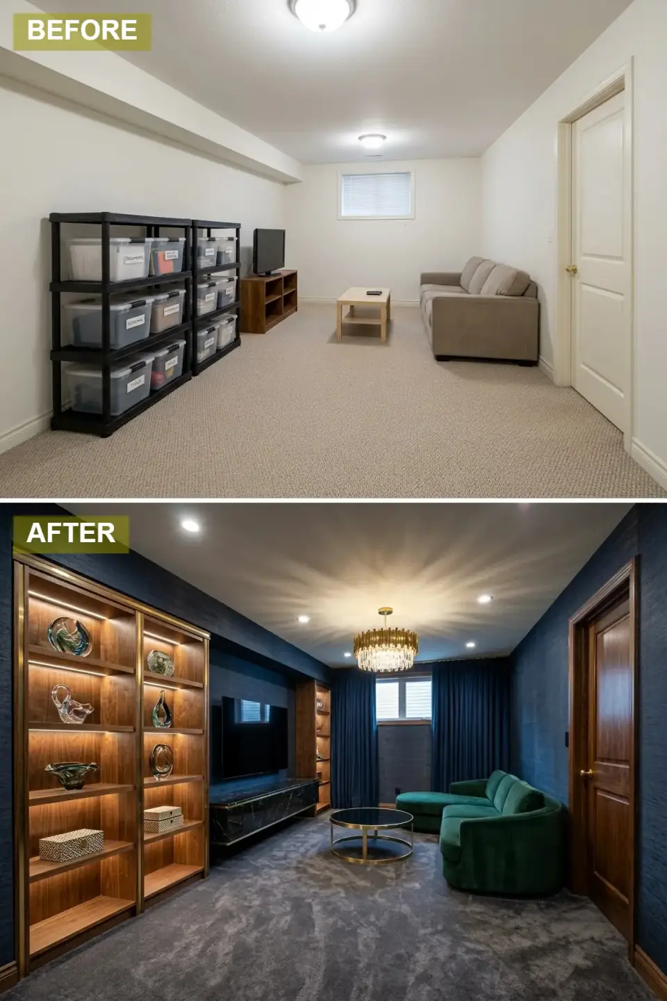 Luxury home cinema basement with dark blue textured wallpaper, plush dark gray carpet, built-in walnut shelving with brass trim and integrated lighting, dark marble media console, emerald green curved velvet sofa, brass and glass coffee table, and floor-to-ceiling dark blue velvet curtains