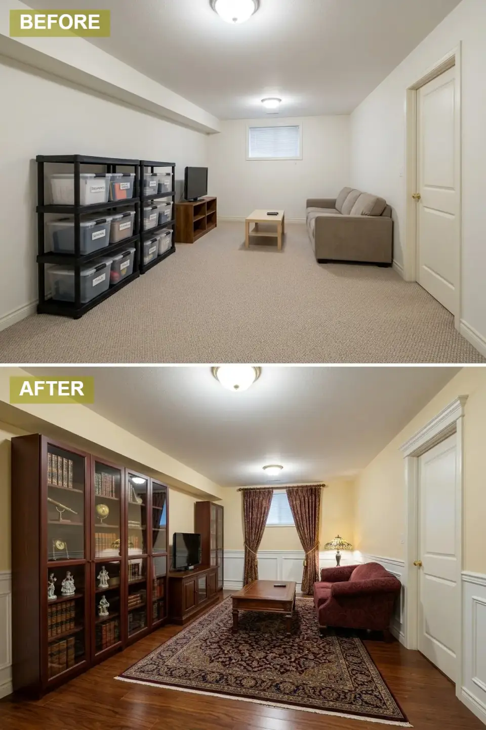 Traditional basement library and den with creamy yellow upper walls, white wainscoting on the lower half, medium-toned wood plank flooring, an ornate oriental rug, dark mahogany glass-front bookcases, burgundy patterned settee, dark wood coffee table, heavy patterned drapery, and a Tiffany-style lamp