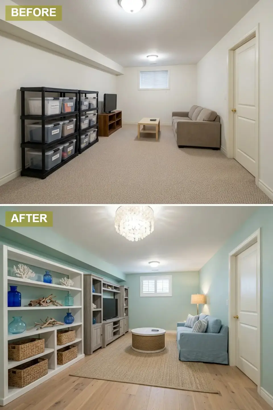 Bright coastal basement living room with light aqua walls, light oak wood flooring, white built-in shelving, gray-wash wood media console, light blue slipcovered sofa, woven rope coffee table on a jute rug, capiz shell chandelier, and plantation shutters
