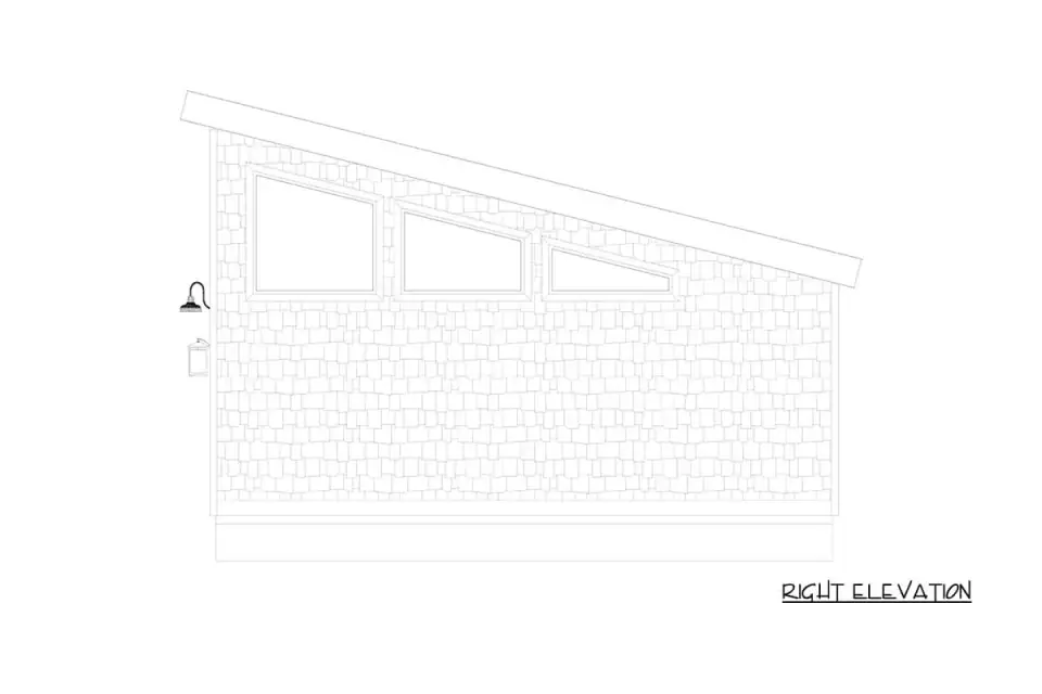 Front three-quarter view of contemporary 2-car garage with shingle siding, white trim, two garage doors flanking a central man door, and a low single-slope shed roof with clerestory windows on the side elevation.