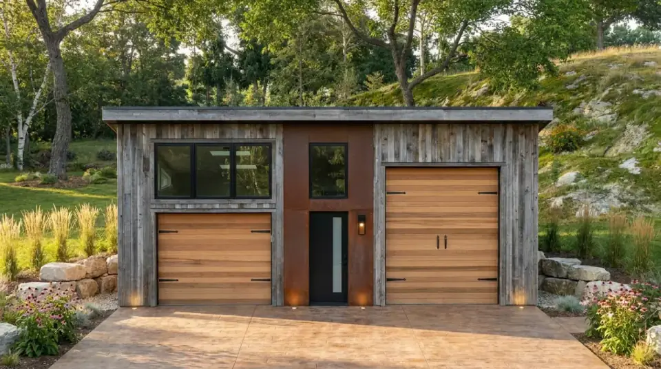 Reclaimed industrial facade variant for garage plan 61746UT with weathered wood plank siding, rust-toned metal panels, horizontal wood garage doors, and native grass landscaping.