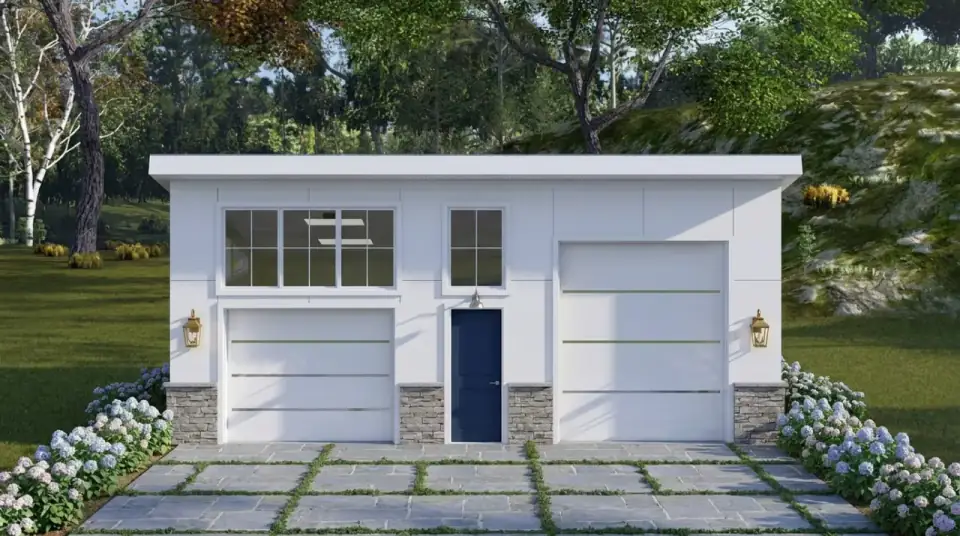 Classic coastal facade variant with white panel siding, stone-clad lower piers, navy entry door, traditional lantern sconces, and cut-stone-with-grass driveway.
