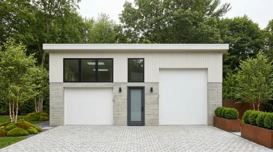 Nordic concrete facade variant with off-white vertical siding above board-formed concrete lower walls, black-framed windows, cobblestone driveway, and birch tree plantings.