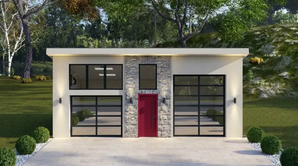 Luxe stone pivot facade variant with cream stucco, central stack-stone wall, red pivot entry door, full-lite glass garage doors, symmetrical uplighting, and limestone paving.