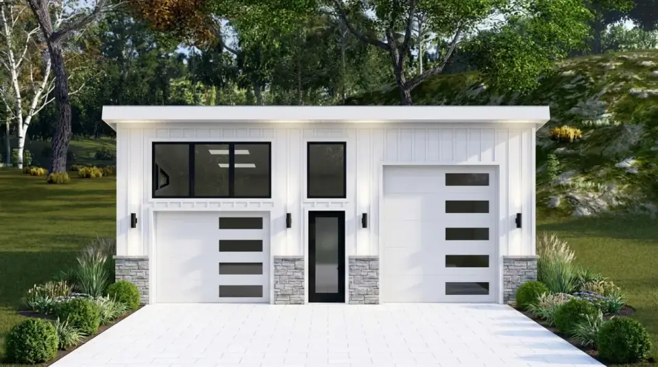Modern farmhouse facade variant with white board-and-batten siding, stone column bases, garage doors with horizontal glass bands, black-framed glass entry door, and white paver drive.
