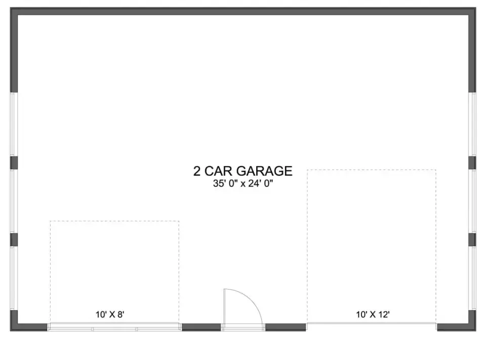 Main level floor plan for contemporary 2-car garage 61746UT showing 35 by 24 foot footprint with two parking bays, central man door, and two enclosed storage rooms along the side walls.