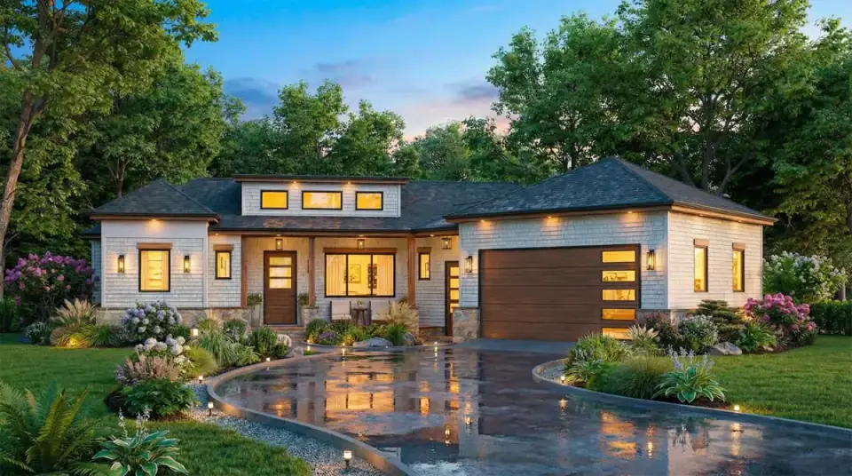 Front exterior elevation of Plan 25946GE showing a contemporary Craftsman ranch with board-and-batten siding, a stone veneer base, timber porch columns, a shed dormer with clerestory windows and the projecting angled two-car garage