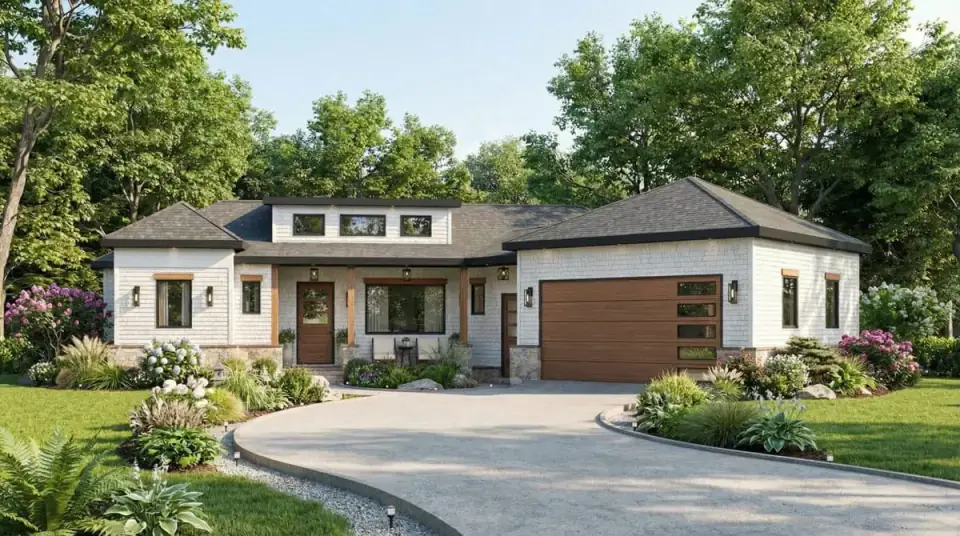 Three-quarter front view of Plan 25946GE showing how the angled garage wing breaks up the facade and the clerestory shed dormer rises above the main living core