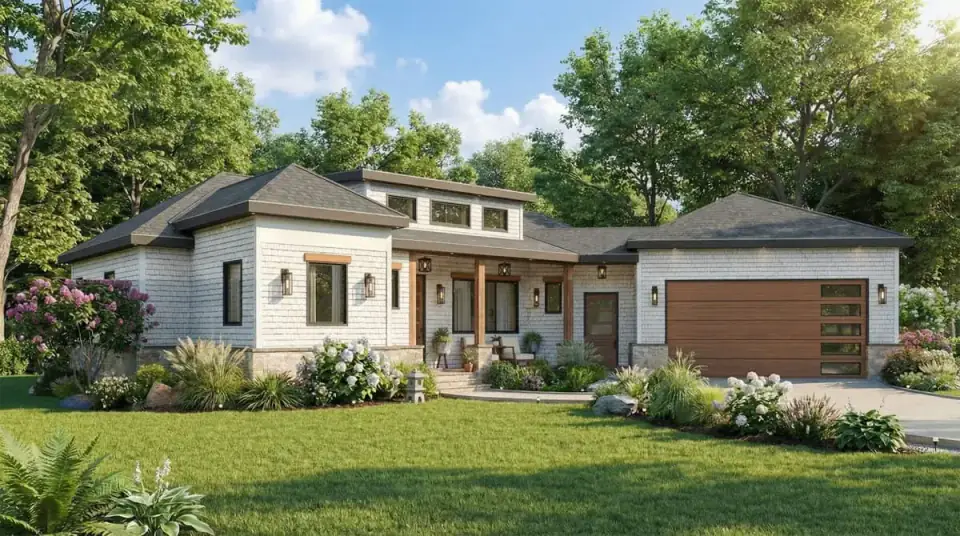 Front porch detail of Plan 25946GE with timber columns framing the entry against board-and-batten siding and a stone veneer base