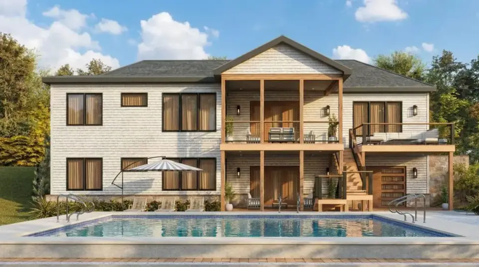 Rear elevation of Plan 25946GE showing the covered rear porch that can connect to a future basement patio and the windows serving the open living core