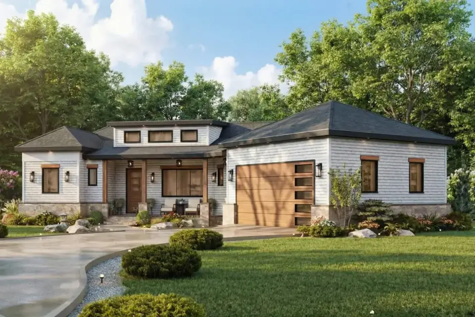 Dusk view of Plan 25946GE with warm interior light glowing through the clerestory windows in the shed dormer and the front porch lit beneath the timber columns