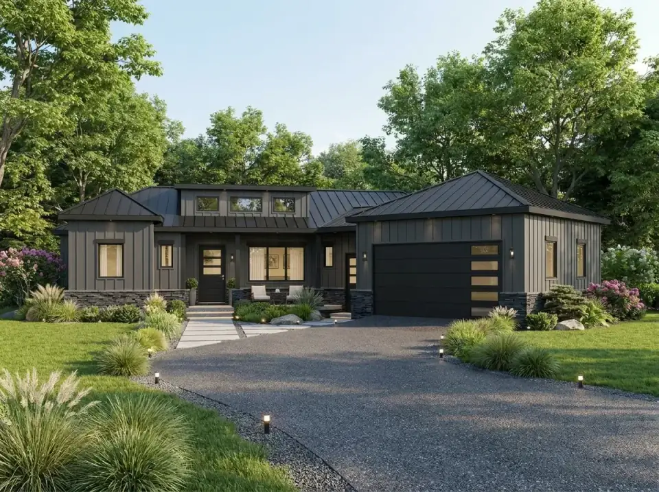 Dark Modern Farmhouse facade variation of Plan 25946GE with dark grey vertical board-and-batten siding, a black metal roof, a dark stone veneer base, black window frames, a concrete paver walkway with gravel joints, ornamental grasses and manicured shrubs