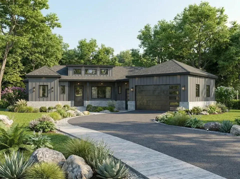 Industrial Modern facade variation of Plan 25946GE with dark grey vertical siding, a raw concrete base, a dark metal garage door with horizontal windows, black window frames, a boardwalk-style concrete path, a gravel driveway and sculptural agave plantings