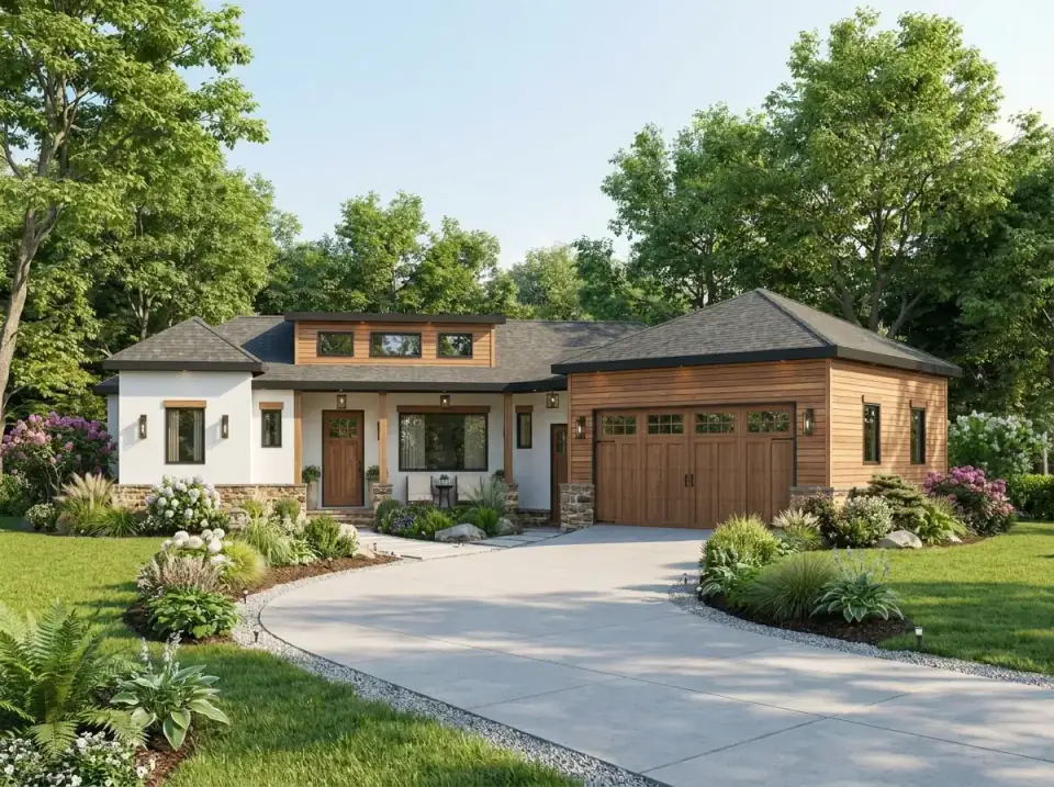 Warm Contemporary Rustic facade variation of Plan 25946GE with white stucco main body, warm horizontal wood siding on the garage section, wood trim and columns, a stone veneer base, lush hydrangea planting and a curved concrete driveway