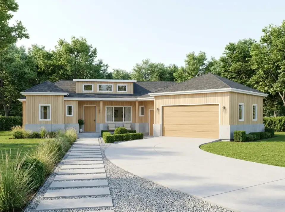 Natural Wood Japandi facade variation of Plan 25946GE with clear-sealed vertical wood siding, an exposed concrete foundation with planters, a floating concrete paver walkway over gravel, manicured hedges and ornamental grasses